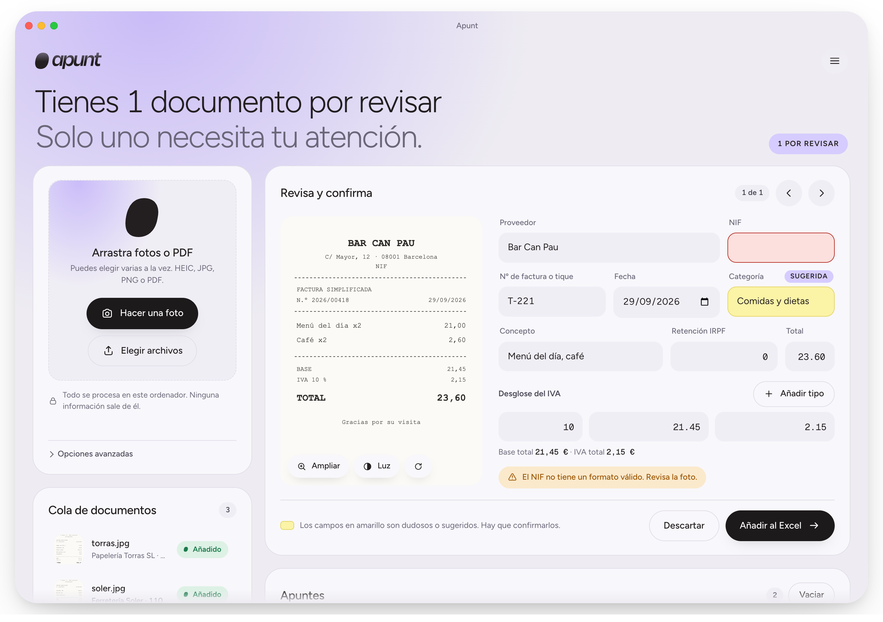 L’aplicació Apunt amb un tiquet obert per revisar, la cua de documents i els apunts ja afegits.